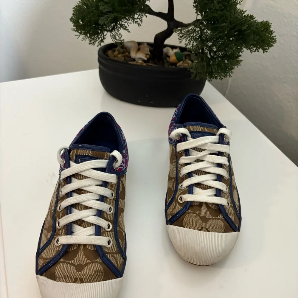 Coach Women's Tan and Blue Sneakers - Picture 2 of 7